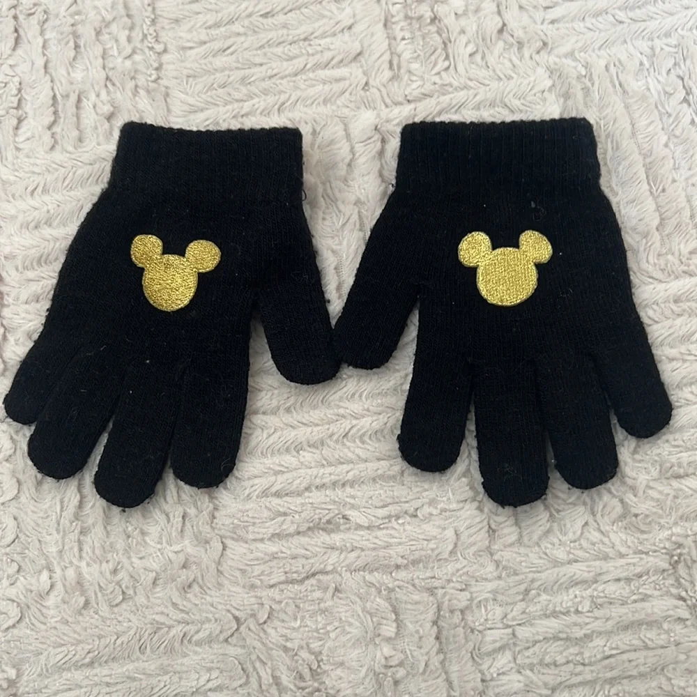 Black stretch knit gloves with gold color embroidered Mickey Mouse One size